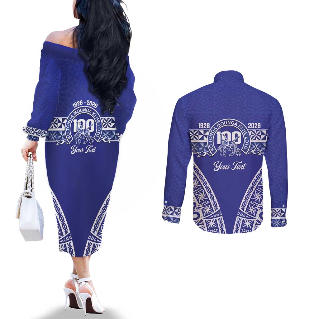 Personalised Queen Salote College Couples Matching Off The Shoulder Long Sleeve Dress and Long Sleeve Button Shirt Kolisi Fefine 100th Anniversary Kupesi Blue LT14 - Polynesian Pride