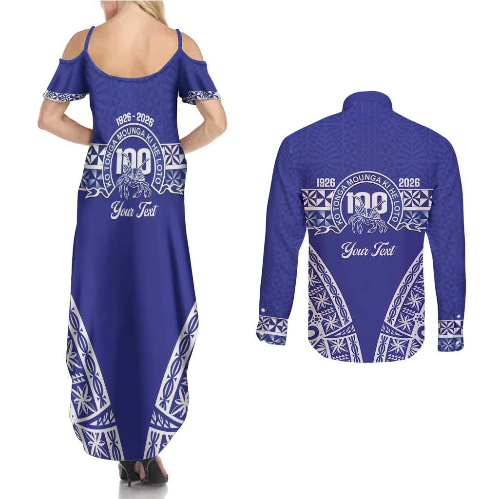 Personalised Queen Salote College Couples Matching Summer Maxi Dress and Long Sleeve Button Shirt Kolisi Fefine 100th Anniversary Kupesi Blue LT14 - Polynesian Pride