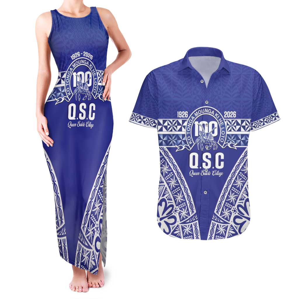 Personalised Queen Salote College Couples Matching Tank Maxi Dress and Hawaiian Shirt Kolisi Fefine 100th Anniversary Kupesi Blue LT14 Blue - Polynesian Pride