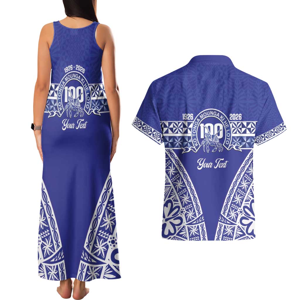 Personalised Queen Salote College Couples Matching Tank Maxi Dress and Hawaiian Shirt Kolisi Fefine 100th Anniversary Kupesi Blue LT14 - Polynesian Pride