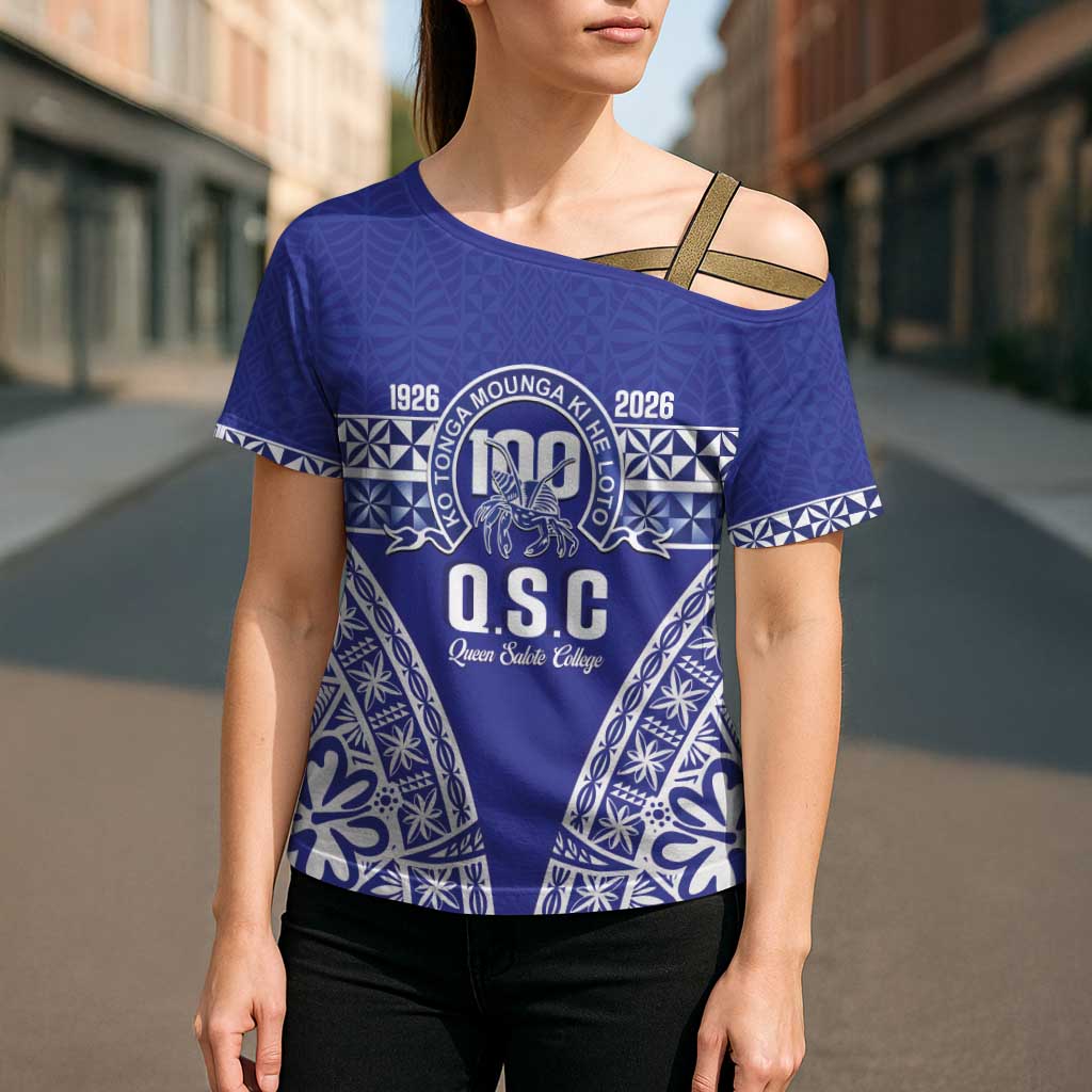 Personalised Queen Salote College Cross Shoulder Shirt Kolisi Fefine 100th Anniversary Kupesi Blue - Polynesian Pride