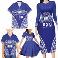 Personalised Queen Salote College Family Matching Long Sleeve Bodycon Dress and Hawaiian Shirt Kolisi Fefine 100th Anniversary Kupesi Blue LT14 - Polynesian Pride