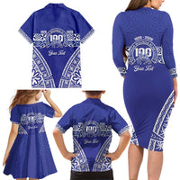 Personalised Queen Salote College Family Matching Long Sleeve Bodycon Dress and Hawaiian Shirt Kolisi Fefine 100th Anniversary Kupesi Blue LT14 - Polynesian Pride