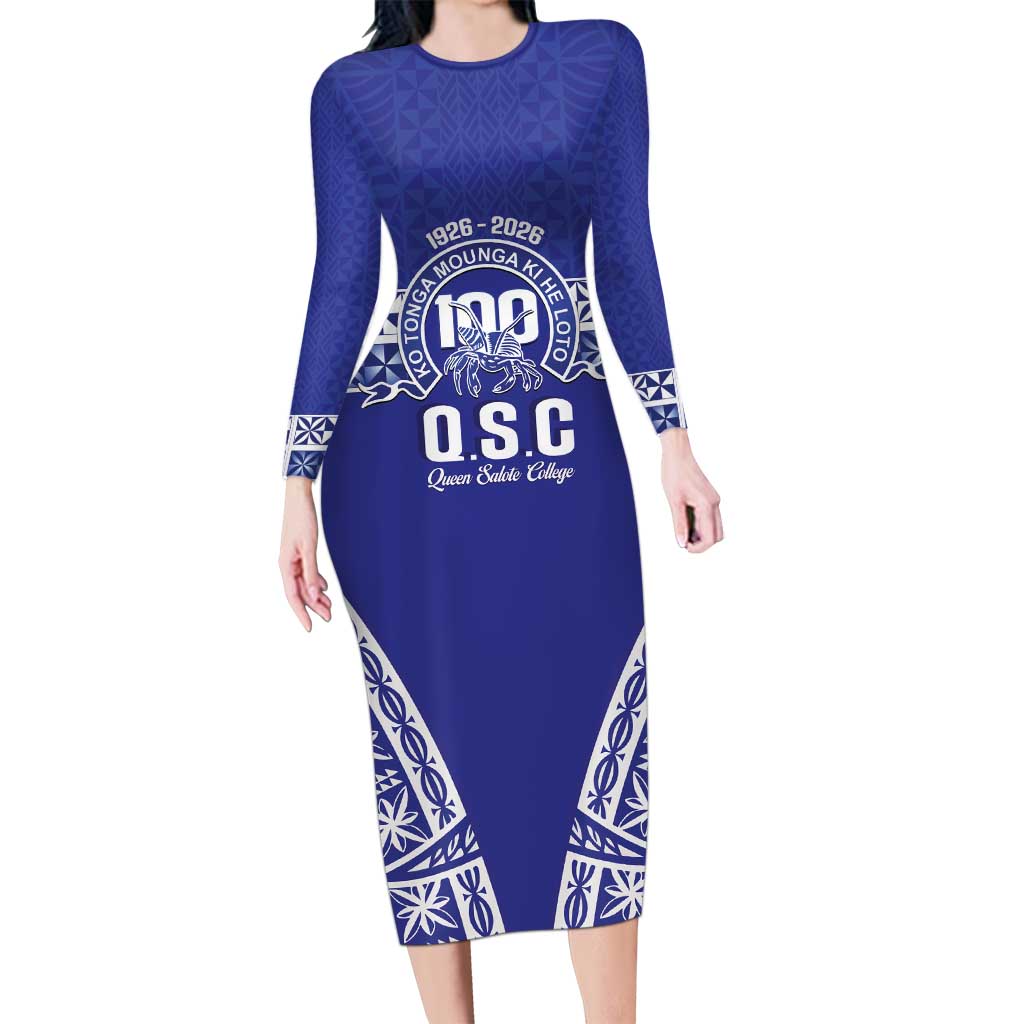 Personalised Queen Salote College Family Matching Long Sleeve Bodycon Dress and Hawaiian Shirt Kolisi Fefine 100th Anniversary Kupesi Blue LT14 Mom's Dress Blue - Polynesian Pride