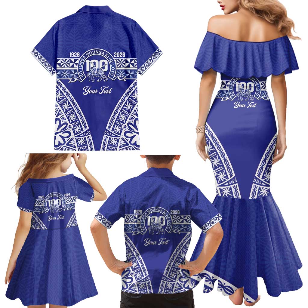 Personalised Queen Salote College Family Matching Mermaid Dress and Hawaiian Shirt Kolisi Fefine 100th Anniversary Kupesi Blue LT14 - Polynesian Pride