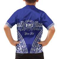 Personalised Queen Salote College Family Matching Off The Shoulder Long Sleeve Dress and Hawaiian Shirt Kolisi Fefine 100th Anniversary Kupesi Blue LT14 - Polynesian Pride