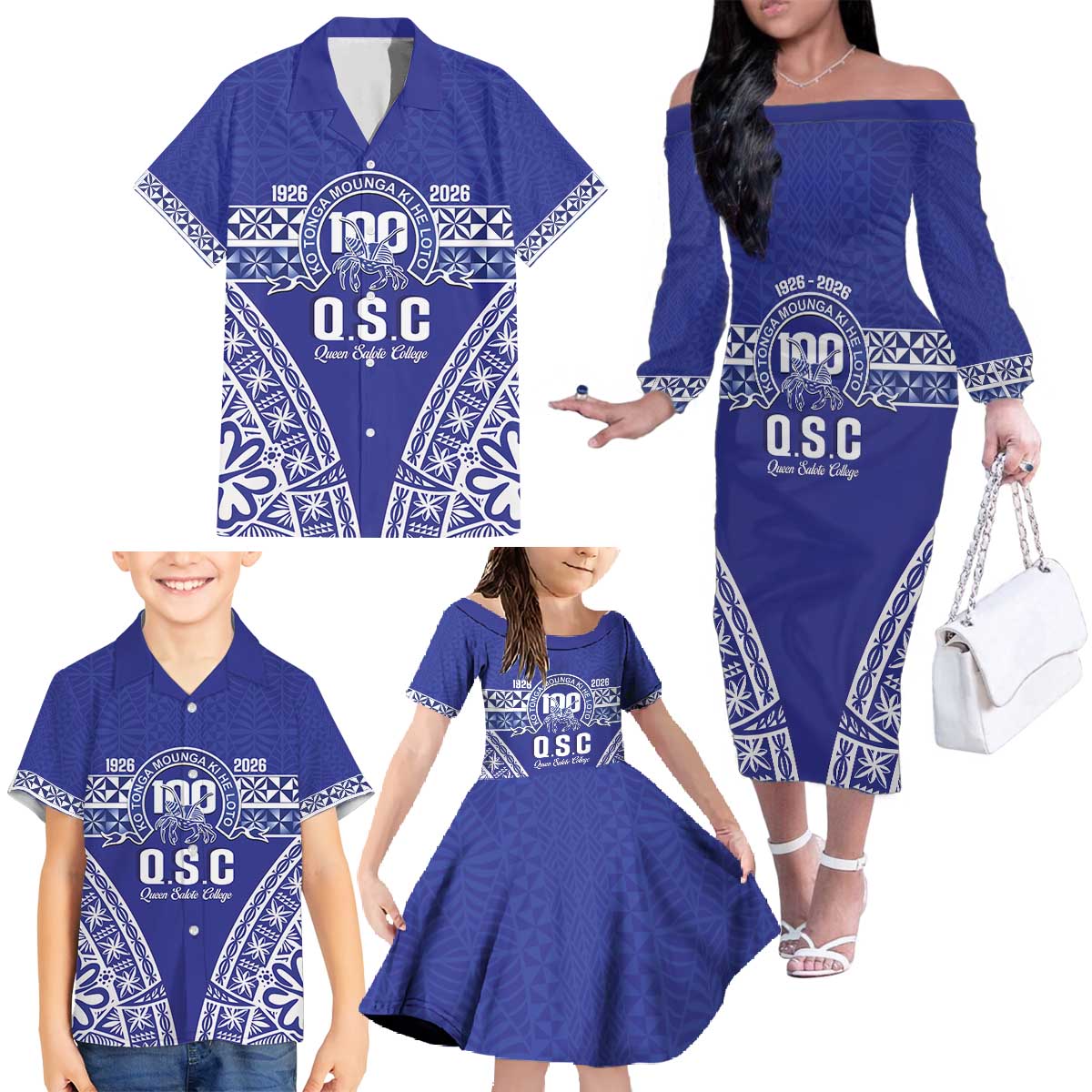 Personalised Queen Salote College Family Matching Off The Shoulder Long Sleeve Dress and Hawaiian Shirt Kolisi Fefine 100th Anniversary Kupesi Blue LT14 - Polynesian Pride