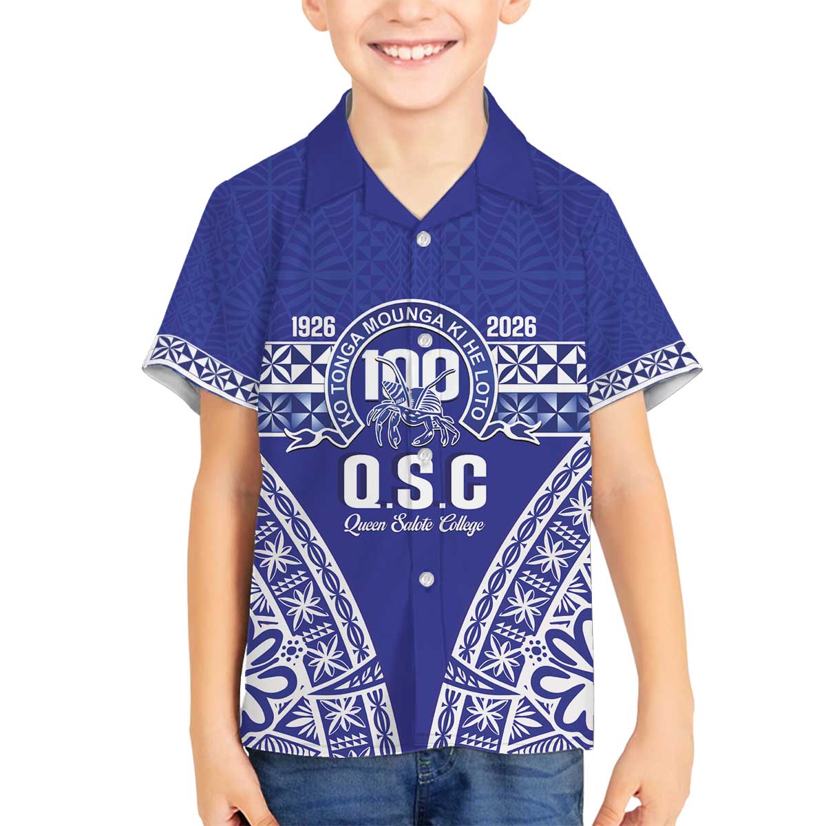 Personalised Queen Salote College Family Matching Off The Shoulder Long Sleeve Dress and Hawaiian Shirt Kolisi Fefine 100th Anniversary Kupesi Blue LT14 Son's Shirt Blue - Polynesian Pride