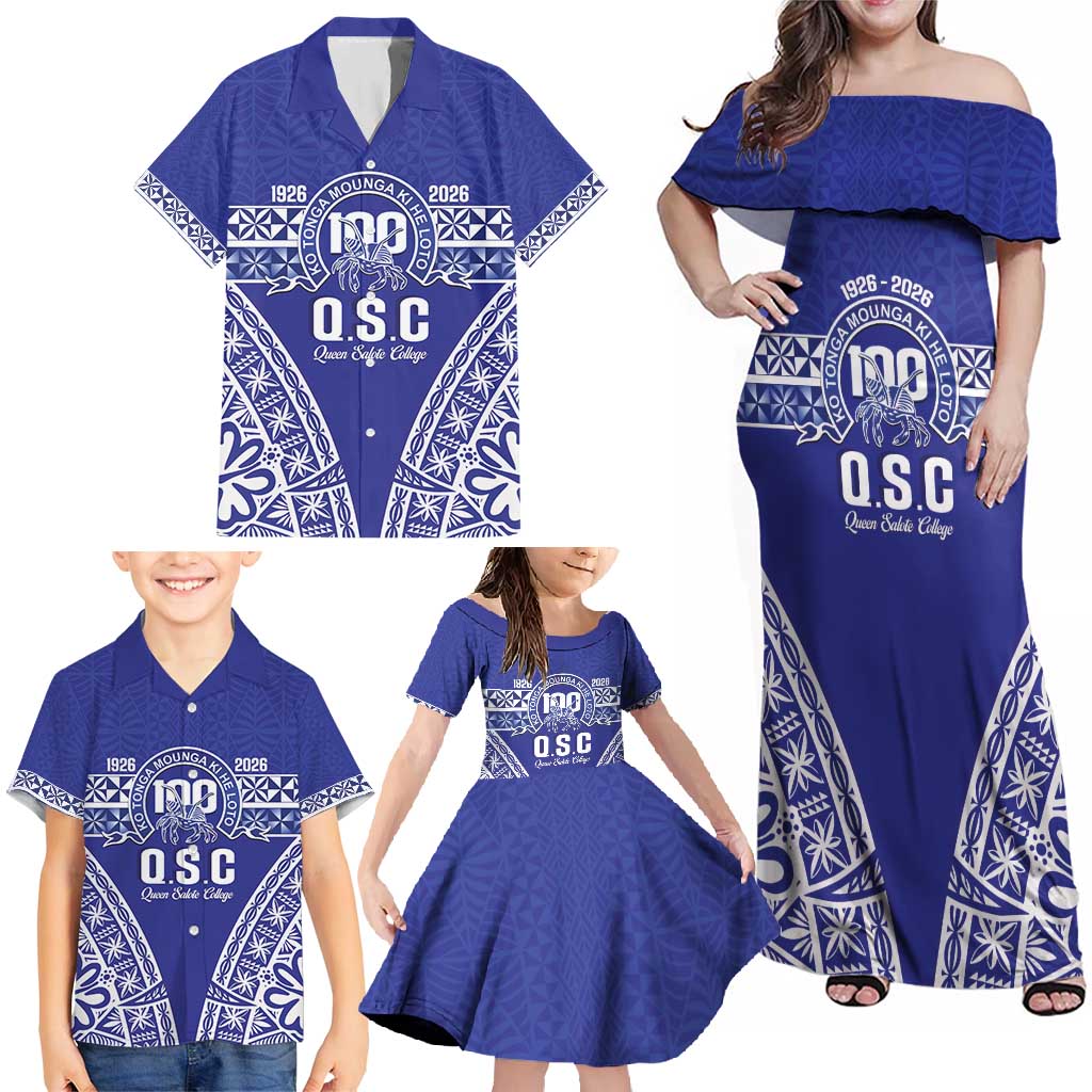 Personalised Queen Salote College Family Matching Off Shoulder Maxi Dress and Hawaiian Shirt Kolisi Fefine 100th Anniversary Kupesi Blue LT14 - Polynesian Pride