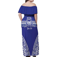 Personalised Queen Salote College Family Matching Off Shoulder Maxi Dress and Hawaiian Shirt Kolisi Fefine 100th Anniversary Kupesi Blue LT14 - Polynesian Pride