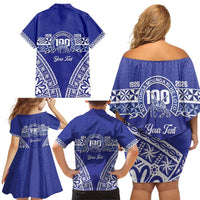 Personalised Queen Salote College Family Matching Off Shoulder Short Dress and Hawaiian Shirt Kolisi Fefine 100th Anniversary Kupesi Blue LT14 - Polynesian Pride