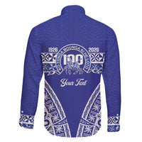 Personalised Queen Salote College Family Matching Off Shoulder Short Dress and Hawaiian Shirt Kolisi Fefine 100th Anniversary Kupesi Blue LT14 - Polynesian Pride