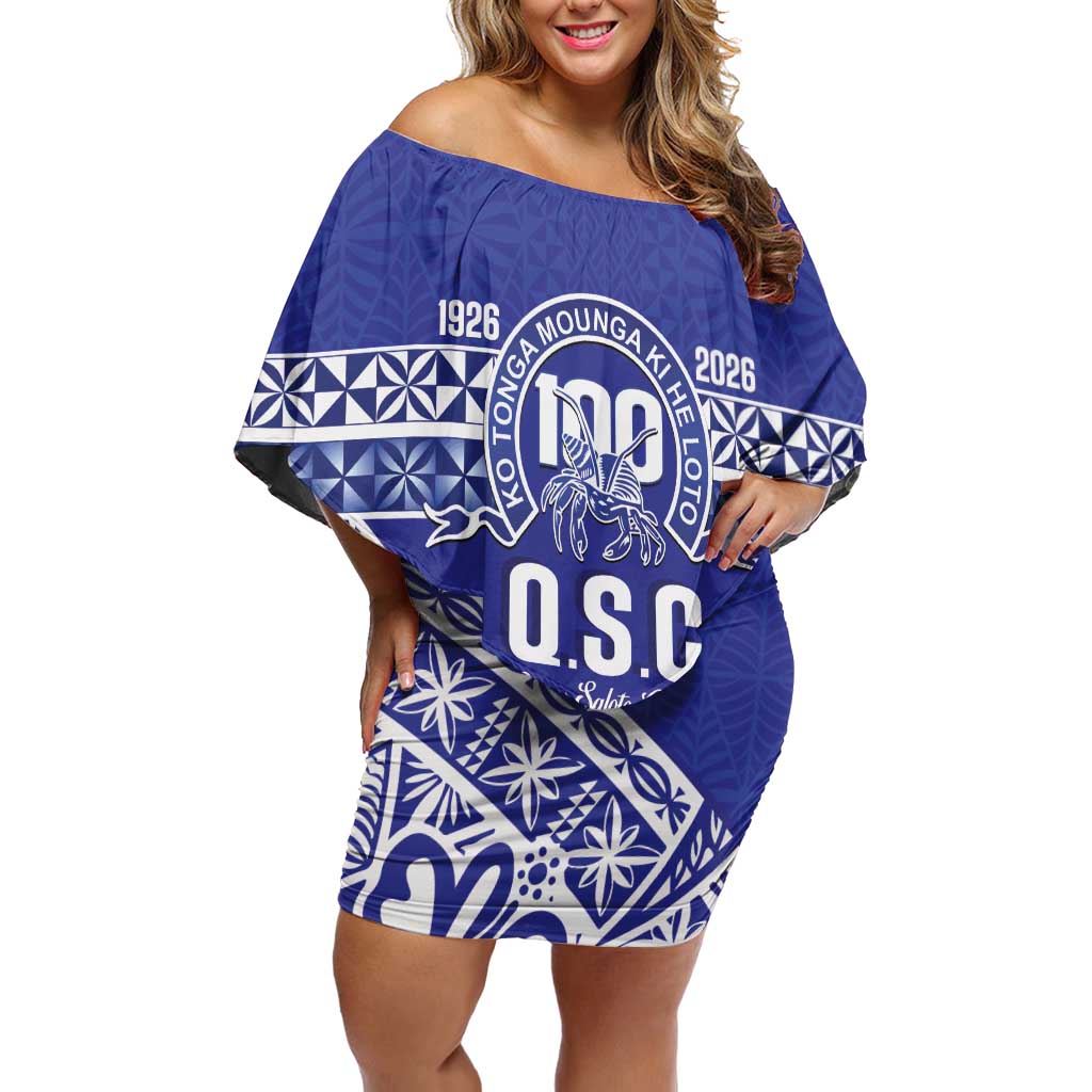 Personalised Queen Salote College Family Matching Off Shoulder Short Dress and Hawaiian Shirt Kolisi Fefine 100th Anniversary Kupesi Blue LT14 Mom's Dress Blue - Polynesian Pride