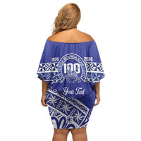 Personalised Queen Salote College Family Matching Off Shoulder Short Dress and Hawaiian Shirt Kolisi Fefine 100th Anniversary Kupesi Blue LT14 - Polynesian Pride