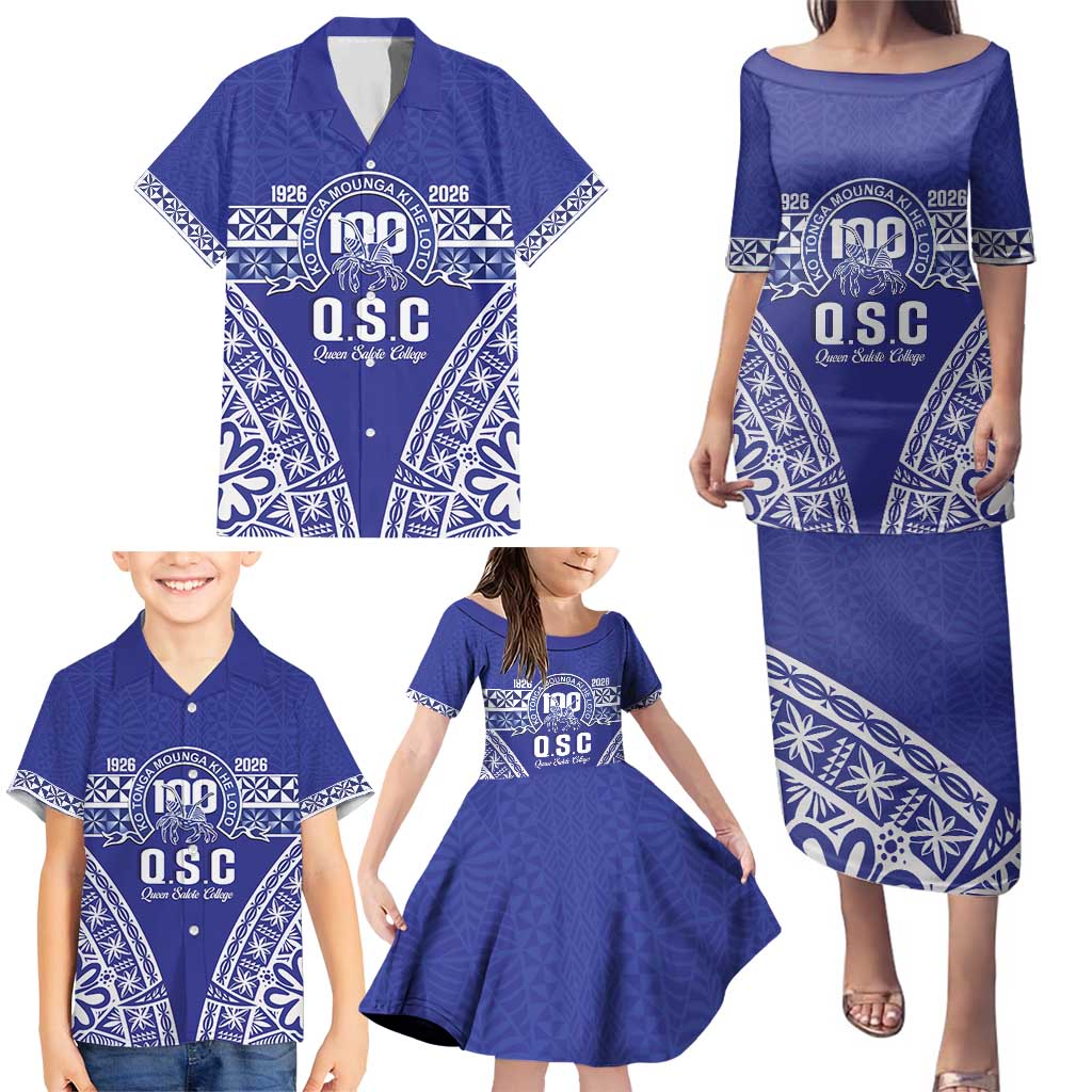 Personalised Queen Salote College Family Matching Puletasi and Hawaiian Shirt Kolisi Fefine 100th Anniversary Kupesi Blue LT14 - Polynesian Pride