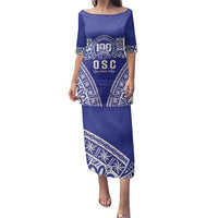 Personalised Queen Salote College Family Matching Puletasi and Hawaiian Shirt Kolisi Fefine 100th Anniversary Kupesi Blue LT14 Mom's Dress Blue - Polynesian Pride