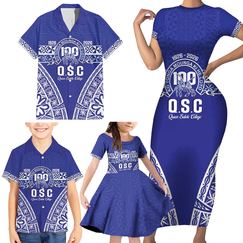 Personalised Queen Salote College Family Matching Short Sleeve Bodycon Dress and Hawaiian Shirt Kolisi Fefine 100th Anniversary Kupesi Blue LT14 - Polynesian Pride