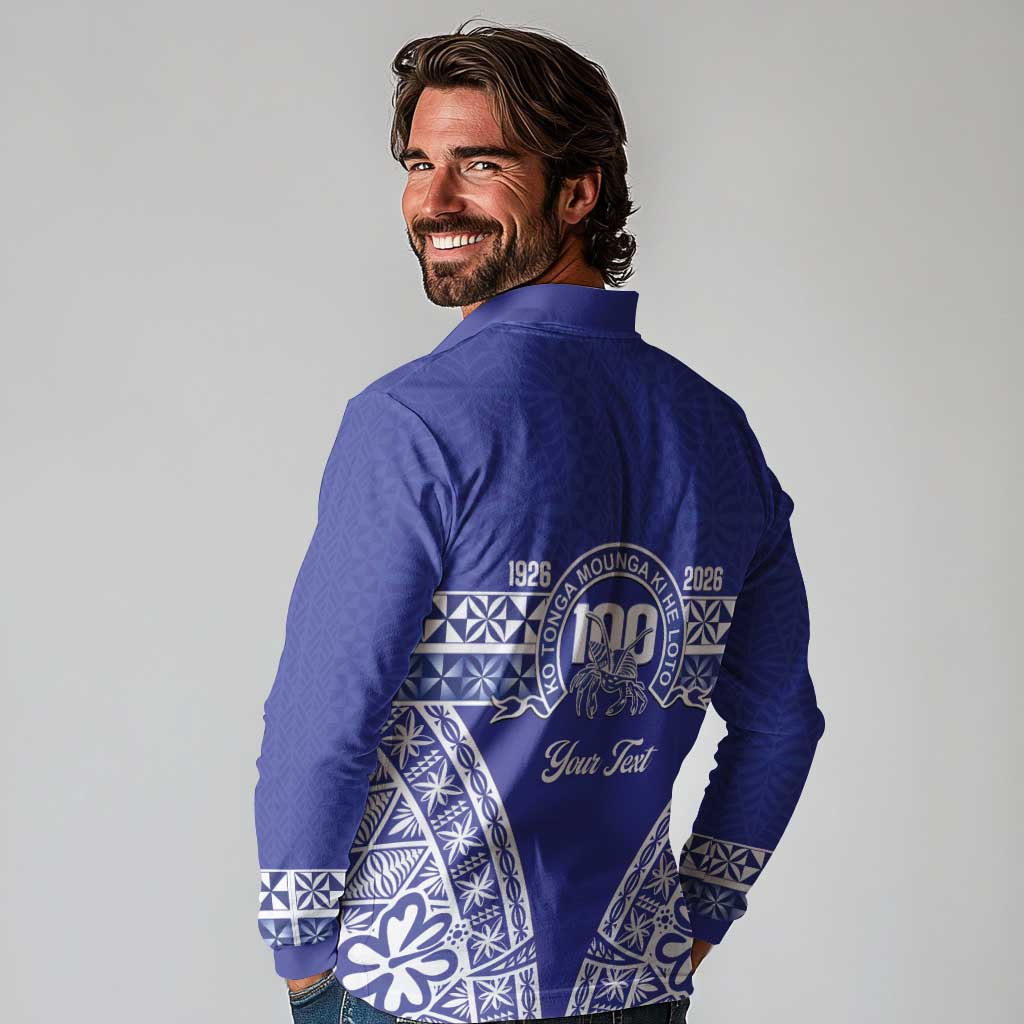 Personalised Queen Salote College Long Sleeve Polo Shirt Kolisi Fefine 100th Anniversary Kupesi Blue - Polynesian Pride