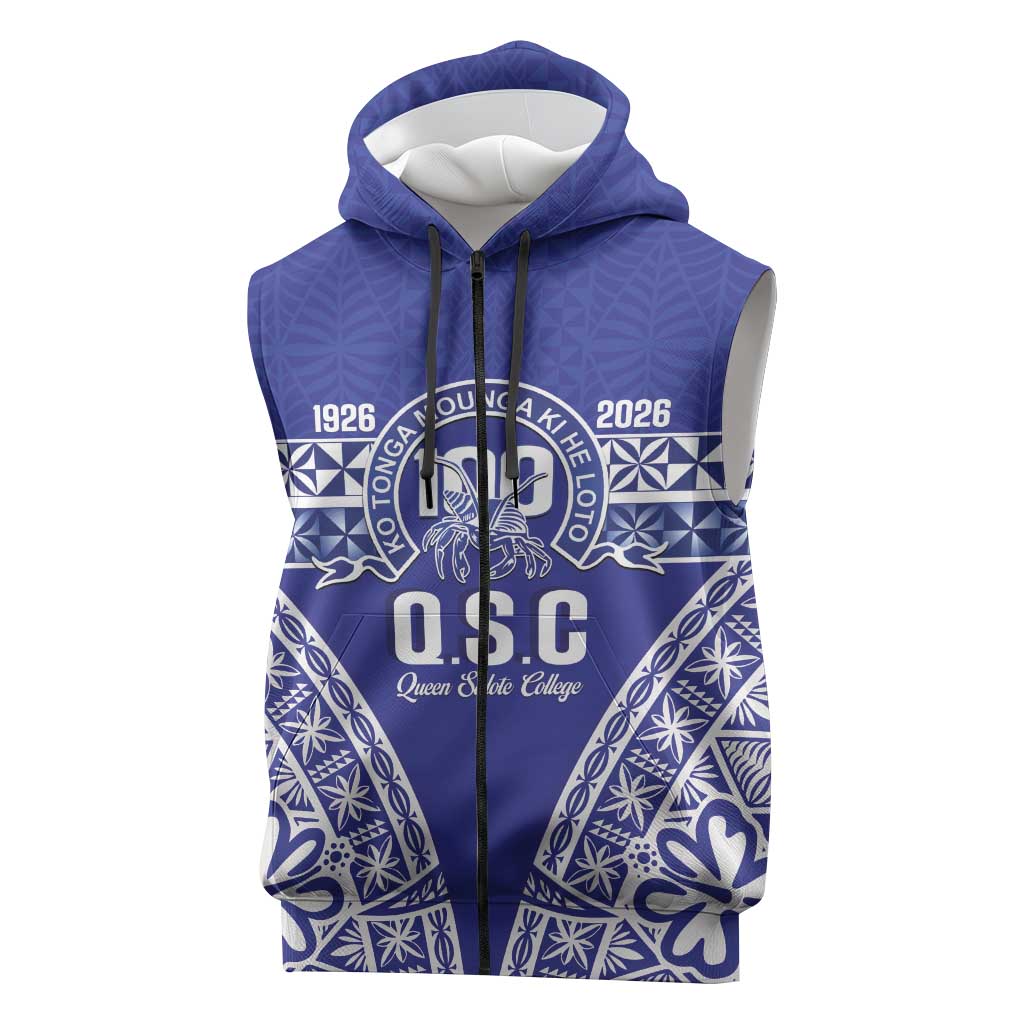 Personalised Queen Salote College Sleeveless Zip Hoodie Kolisi Fefine 100th Anniversary Kupesi Blue - Polynesian Pride