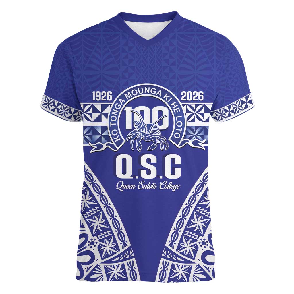 Personalised Queen Salote College Women V-Neck T-Shirt Kolisi Fefine 100th Anniversary Kupesi Blue - Polynesian Pride