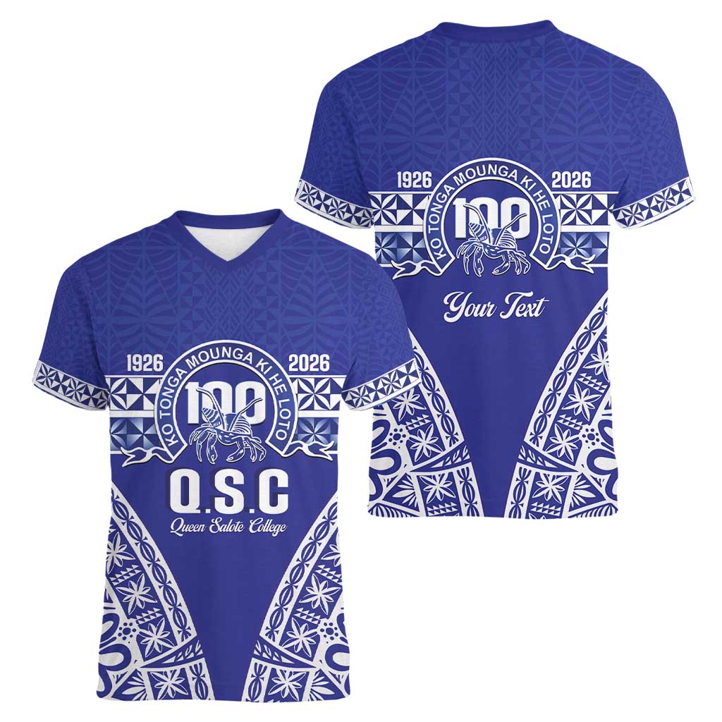 Personalised Queen Salote College Women V-Neck T-Shirt Kolisi Fefine 100th Anniversary Kupesi Blue LT14 - Polynesian Pride