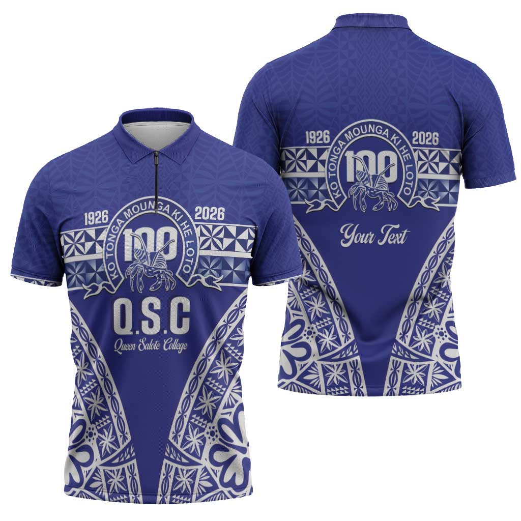 Personalised Queen Salote College Zipper Polo Shirt Kolisi Fefine 100th Anniversary Kupesi Blue - Polynesian Pride