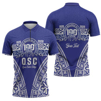 Personalised Queen Salote College Zipper Polo Shirt Kolisi Fefine 100th Anniversary Kupesi Blue - Polynesian Pride