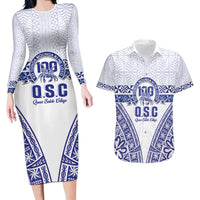 Personalised Queen Salote College Couples Matching Long Sleeve Bodycon Dress and Hawaiian Shirt Kolisi Fefine 100th Anniversary Kupesi White LT14 White - Polynesian Pride
