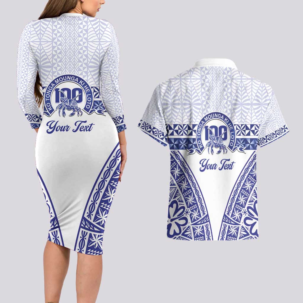 Personalised Queen Salote College Couples Matching Long Sleeve Bodycon Dress and Hawaiian Shirt Kolisi Fefine 100th Anniversary Kupesi White LT14 - Polynesian Pride