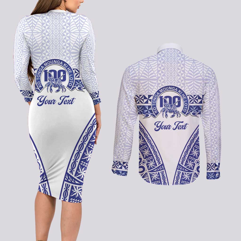 Personalised Queen Salote College Couples Matching Long Sleeve Bodycon Dress and Long Sleeve Button Shirt Kolisi Fefine 100th Anniversary Kupesi White LT14 - Polynesian Pride