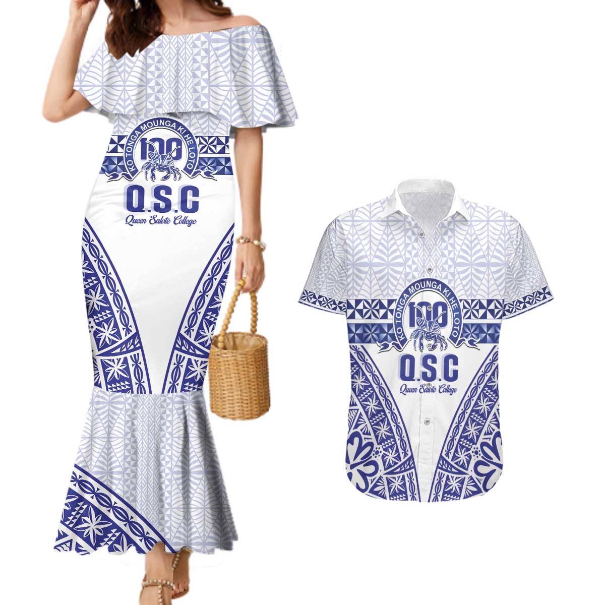 Personalised Queen Salote College Couples Matching Mermaid Dress and Hawaiian Shirt Kolisi Fefine 100th Anniversary Kupesi White LT14 White - Polynesian Pride
