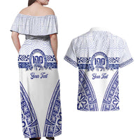 Personalised Queen Salote College Couples Matching Off Shoulder Maxi Dress and Hawaiian Shirt Kolisi Fefine 100th Anniversary Kupesi White LT14 - Polynesian Pride