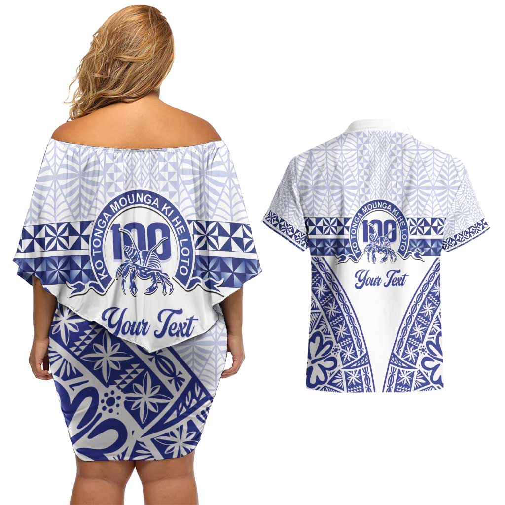 Personalised Queen Salote College Couples Matching Off Shoulder Short Dress and Hawaiian Shirt Kolisi Fefine 100th Anniversary Kupesi White LT14 - Polynesian Pride