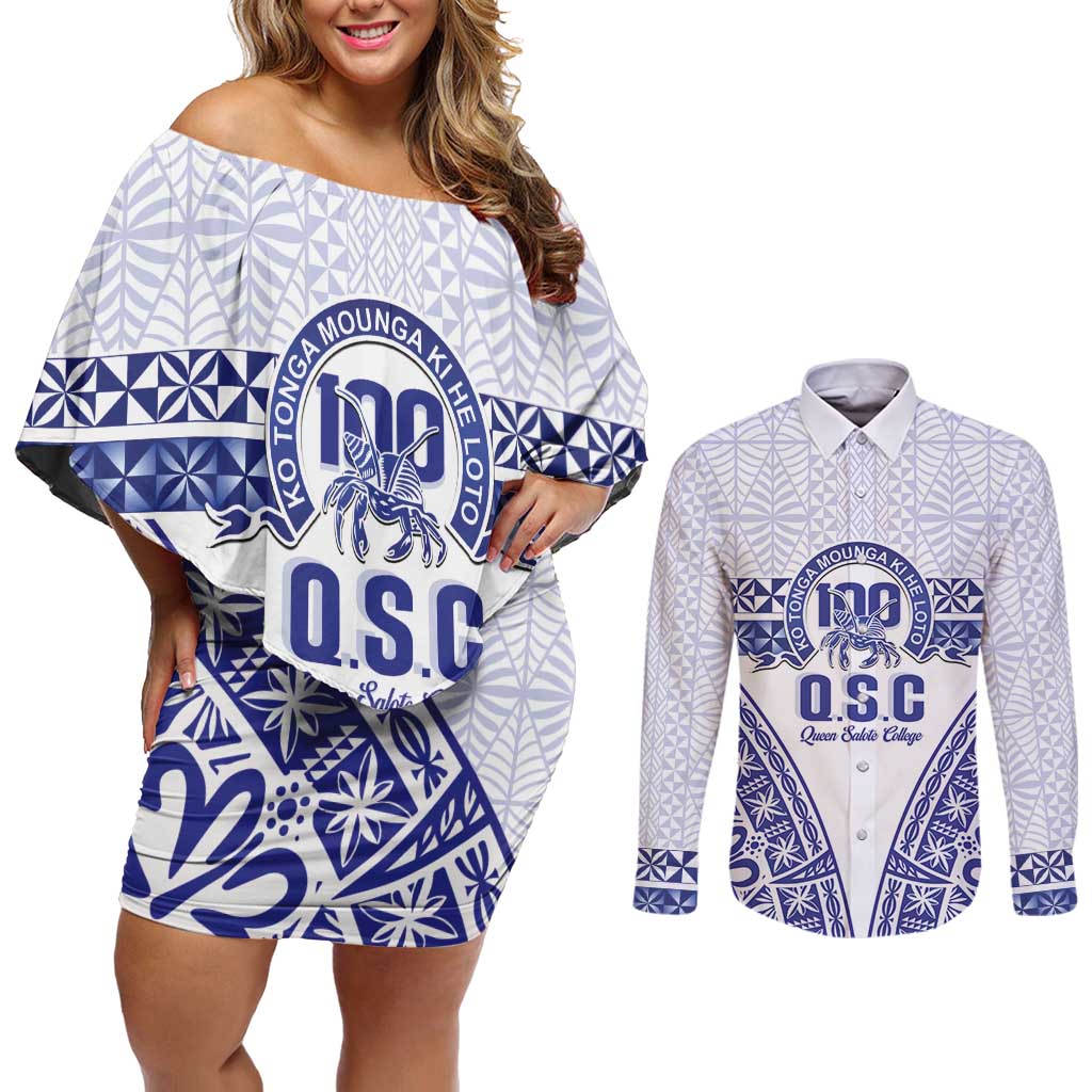 Personalised Queen Salote College Couples Matching Off Shoulder Short Dress and Long Sleeve Button Shirt Kolisi Fefine 100th Anniversary Kupesi White LT14 White - Polynesian Pride