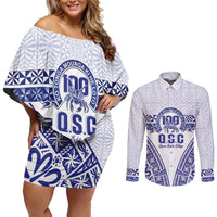 Personalised Queen Salote College Couples Matching Off Shoulder Short Dress and Long Sleeve Button Shirt Kolisi Fefine 100th Anniversary Kupesi White LT14 White - Polynesian Pride