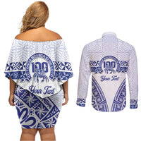 Personalised Queen Salote College Couples Matching Off Shoulder Short Dress and Long Sleeve Button Shirt Kolisi Fefine 100th Anniversary Kupesi White LT14 - Polynesian Pride