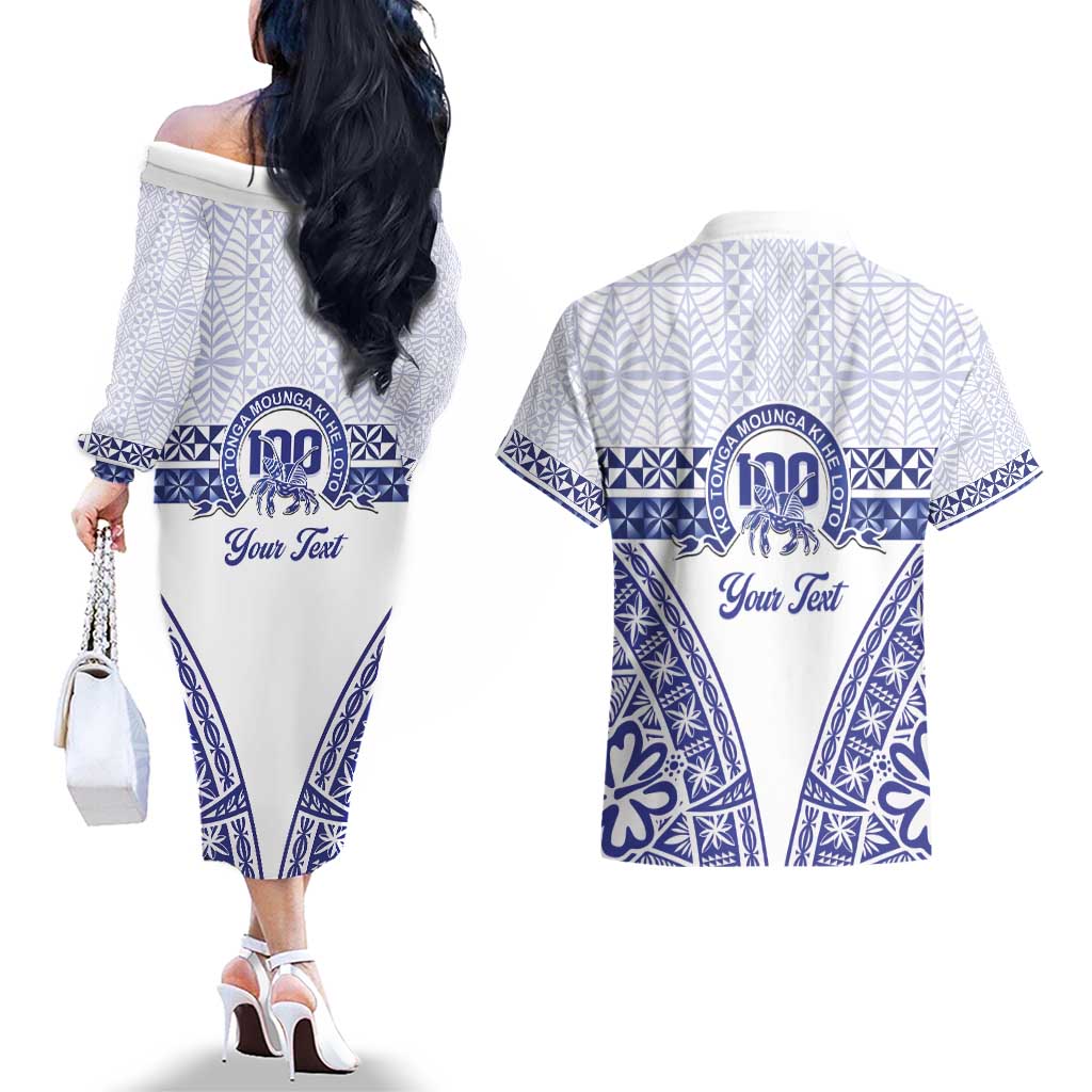 Personalised Queen Salote College Couples Matching Off The Shoulder Long Sleeve Dress and Hawaiian Shirt Kolisi Fefine 100th Anniversary Kupesi White LT14 - Polynesian Pride