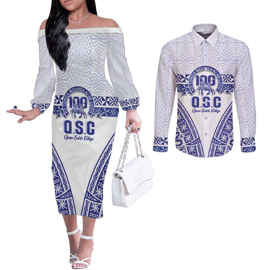 Personalised Queen Salote College Couples Matching Off The Shoulder Long Sleeve Dress and Long Sleeve Button Shirt Kolisi Fefine 100th Anniversary Kupesi White LT14 White - Polynesian Pride