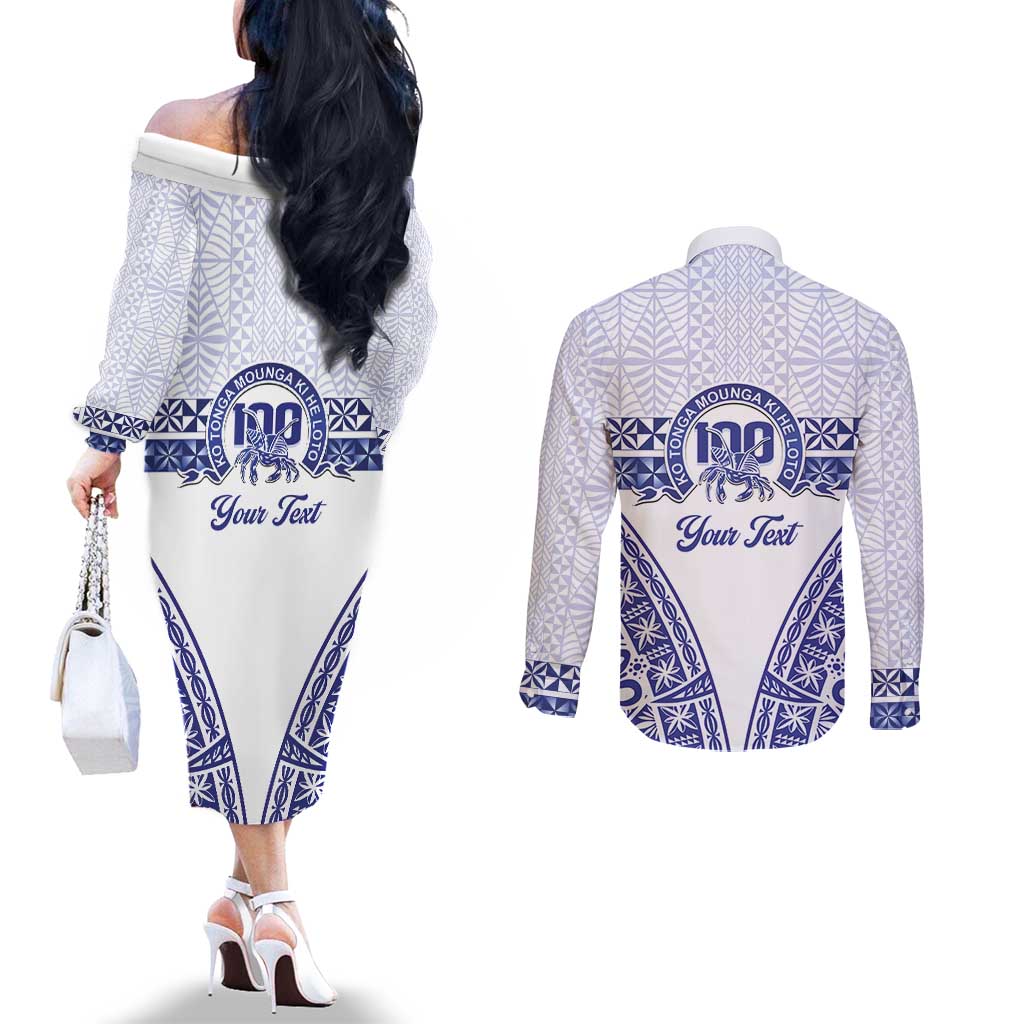 Personalised Queen Salote College Couples Matching Off The Shoulder Long Sleeve Dress and Long Sleeve Button Shirt Kolisi Fefine 100th Anniversary Kupesi White LT14 - Polynesian Pride