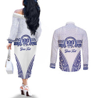 Personalised Queen Salote College Couples Matching Off The Shoulder Long Sleeve Dress and Long Sleeve Button Shirt Kolisi Fefine 100th Anniversary Kupesi White LT14 - Polynesian Pride