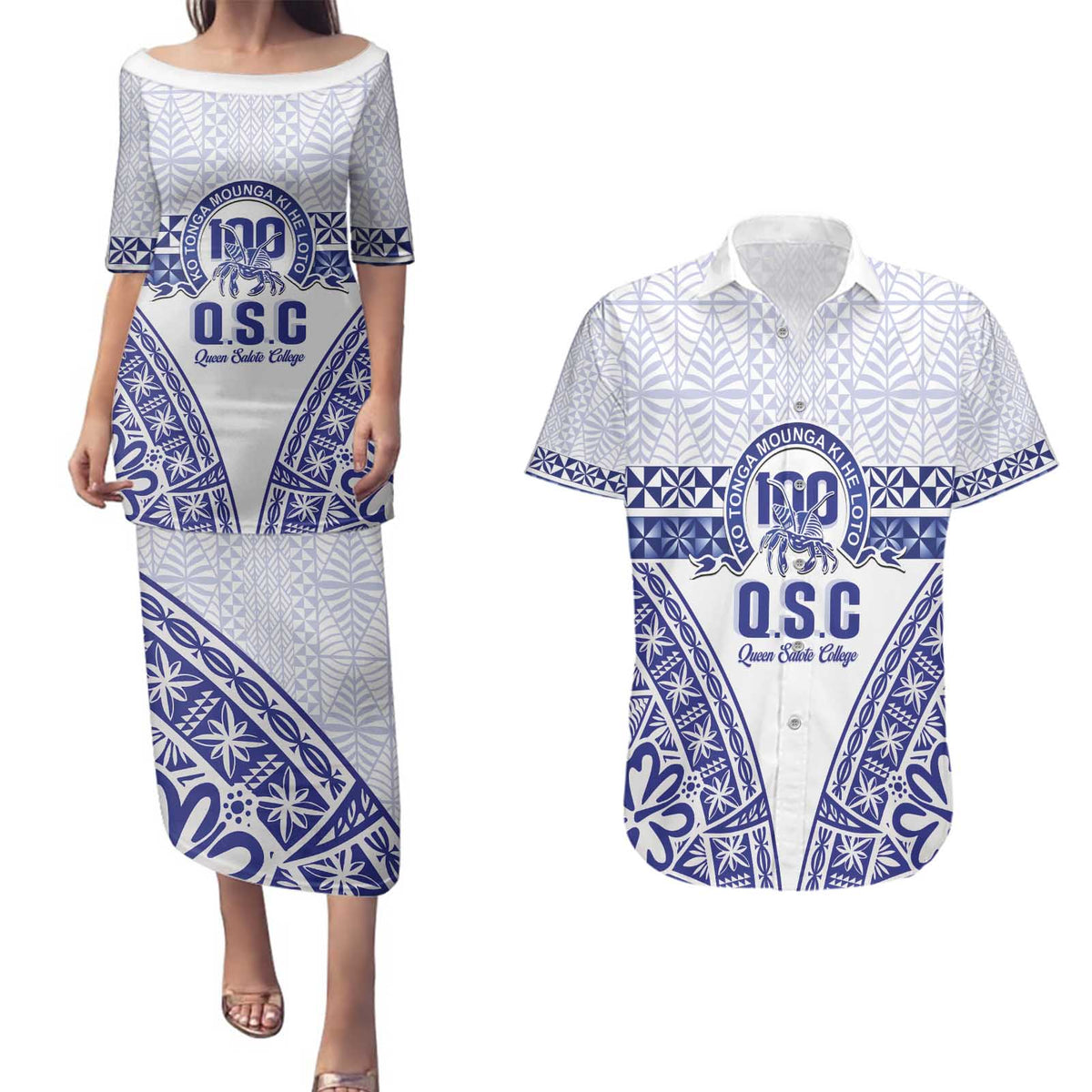 Personalised Queen Salote College Couples Matching Puletasi and Hawaiian Shirt Kolisi Fefine 100th Anniversary Kupesi White LT14 White - Polynesian Pride
