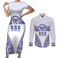 Personalised Queen Salote College Couples Matching Short Sleeve Bodycon Dress and Long Sleeve Button Shirt Kolisi Fefine 100th Anniversary Kupesi White LT14 White - Polynesian Pride