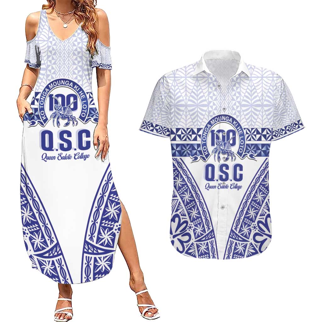 Personalised Queen Salote College Couples Matching Summer Maxi Dress and Hawaiian Shirt Kolisi Fefine 100th Anniversary Kupesi White LT14 White - Polynesian Pride