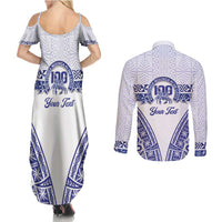 Personalised Queen Salote College Couples Matching Summer Maxi Dress and Long Sleeve Button Shirt Kolisi Fefine 100th Anniversary Kupesi White LT14 - Polynesian Pride