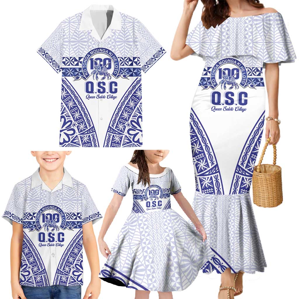 Personalised Queen Salote College Family Matching Mermaid Dress and Hawaiian Shirt Kolisi Fefine 100th Anniversary Kupesi White LT14 - Polynesian Pride