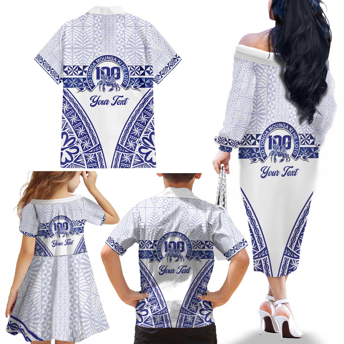 Personalised Queen Salote College Family Matching Off The Shoulder Long Sleeve Dress and Hawaiian Shirt Kolisi Fefine 100th Anniversary Kupesi White LT14 - Polynesian Pride