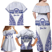 Personalised Queen Salote College Family Matching Off Shoulder Maxi Dress and Hawaiian Shirt Kolisi Fefine 100th Anniversary Kupesi White LT14 - Polynesian Pride