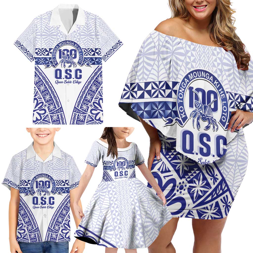 Personalised Queen Salote College Family Matching Off Shoulder Short Dress and Hawaiian Shirt Kolisi Fefine 100th Anniversary Kupesi White LT14 - Polynesian Pride