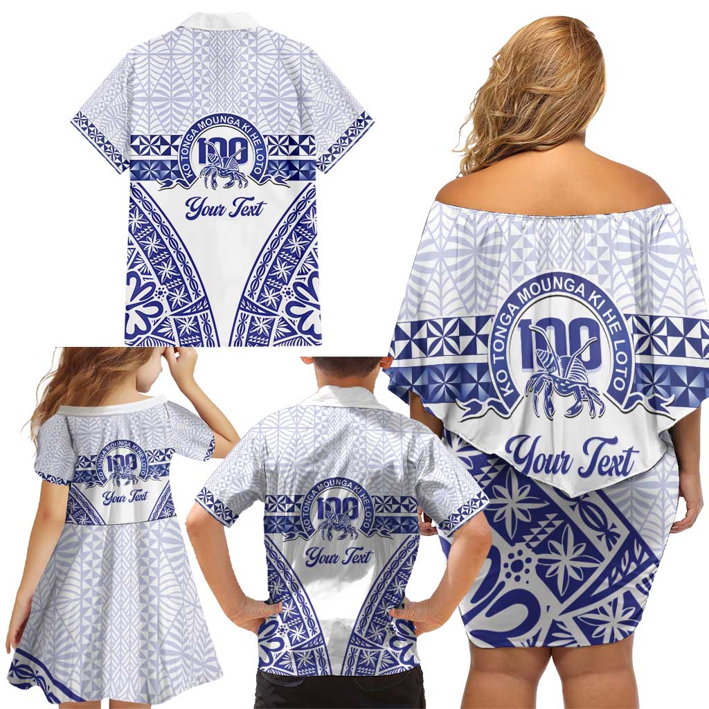 Personalised Queen Salote College Family Matching Off Shoulder Short Dress and Hawaiian Shirt Kolisi Fefine 100th Anniversary Kupesi White LT14 - Polynesian Pride
