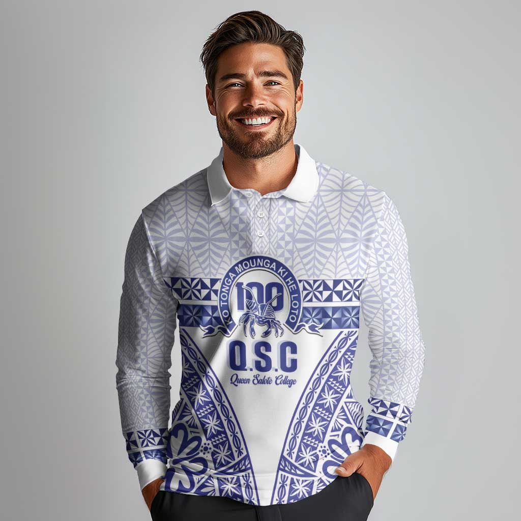 Personalised Queen Salote College Long Sleeve Polo Shirt Kolisi Fefine 100th Anniversary Kupesi White - Polynesian Pride